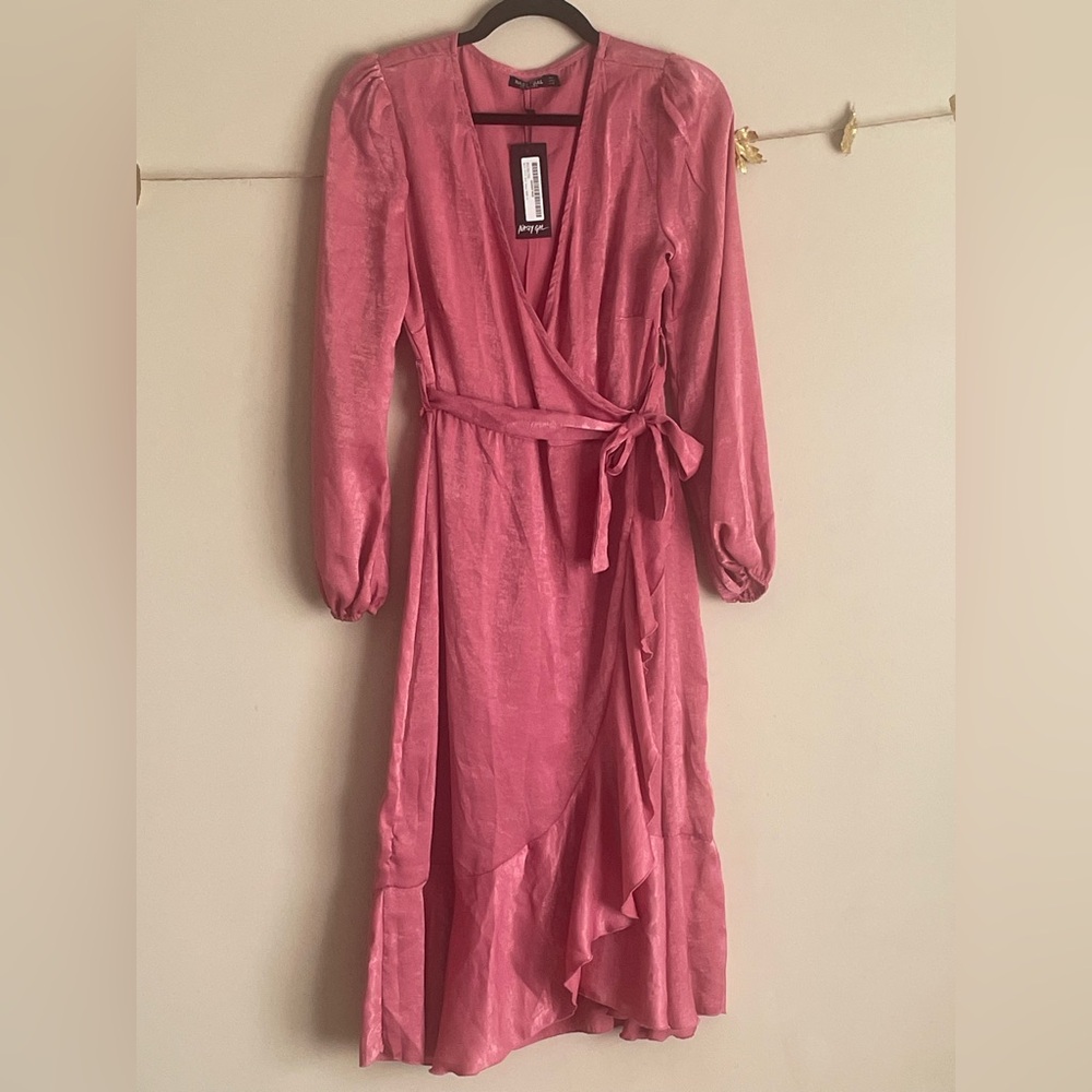 NWT Nasty Gal Pink Satin Wrap Dress - Picture 2 of 7